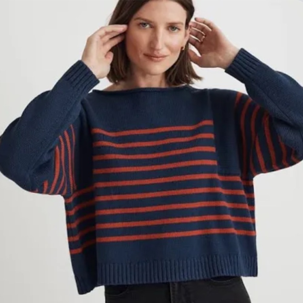 Madewell Navy and Red Striped Crew Neck Sweater